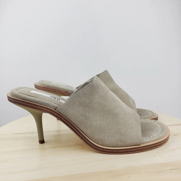 Zara Suede Leather Slide Sandal Kitty Heel Mule Shoes Women's Size 41 Taupe Gray - Picture 6 of 16